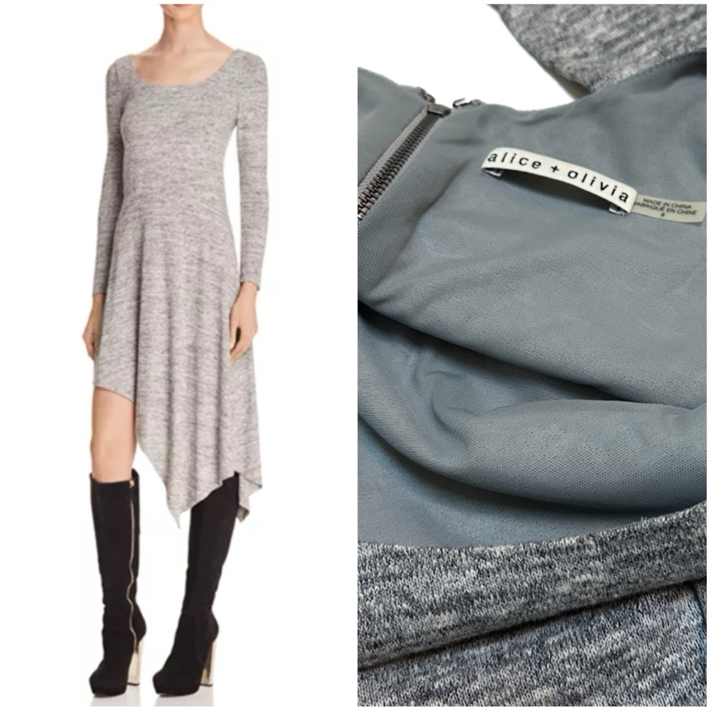 Alice + Olivia Geneva Asymmetric Gray Mélange Knit Dress Long Sleeve Midi Cozy